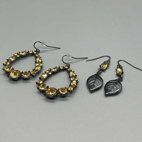 Champagne crystal earrings set gunmetal with leaf handmade - Picture 1 of 8